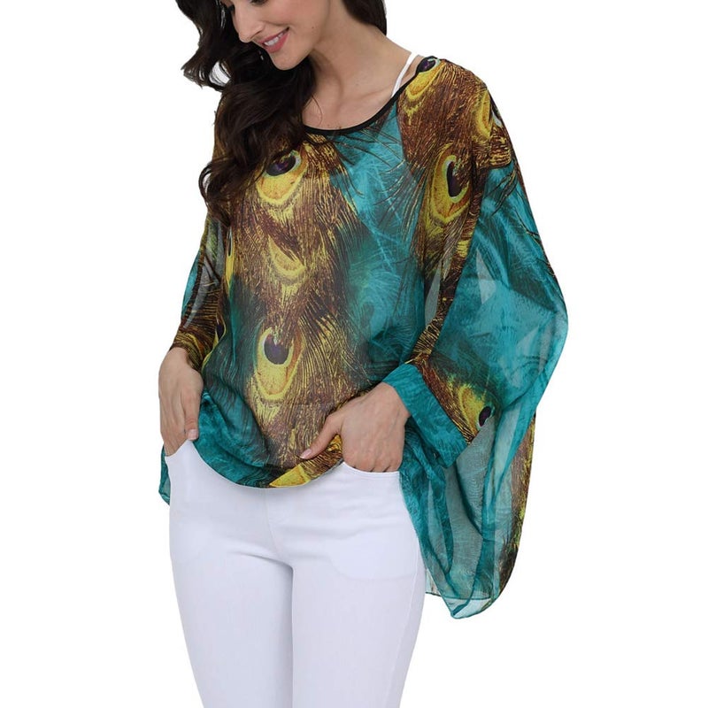 Ckikiou Plus Size Batwing Flowy Semi Sheer Chiffon Blouse Tunic for Women Summer Floral Print Boho Beach Cover ups - Image 2